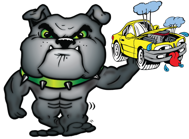 Prairie Land bulldog mascot — bulldog holding a broken-down car